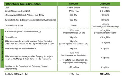 Schema zur Düngebedarfsermittlung im Gemüsebau mit zwei Bespielkulturen (Erstkultur Eissalat und Zweitkultur Chinakohl)